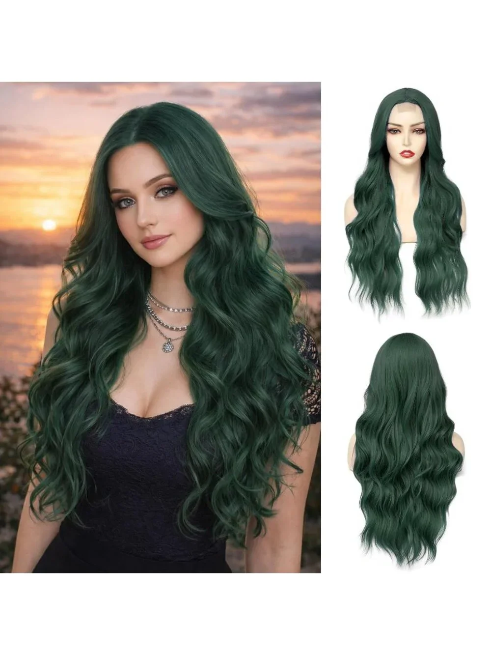 Women's Green 26 Inch Natural Looking Heat Resistant Long Wavy Wigs
